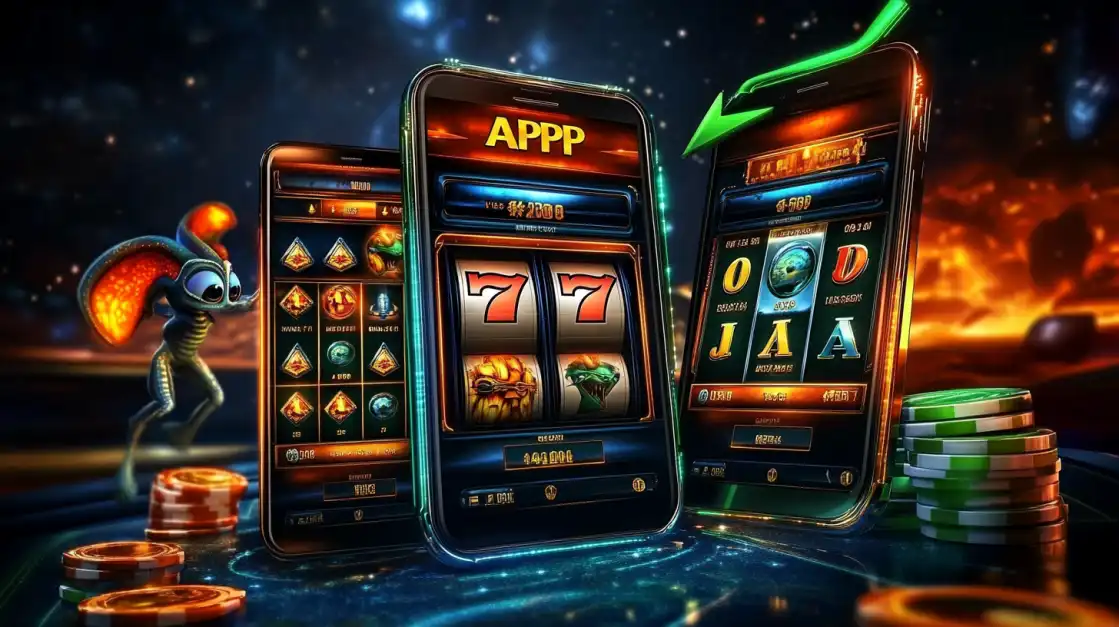 Three futuristic smartphones showing animated slot games with space-themed background and poker chips.
