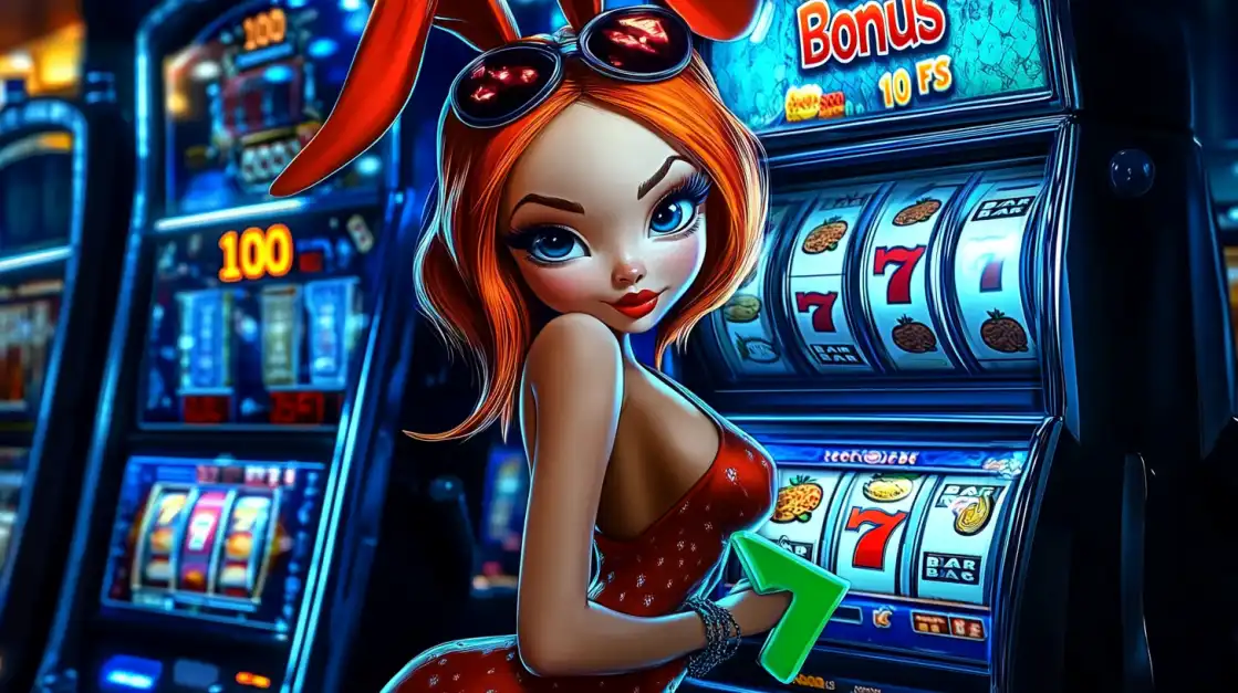 Playful animated bunny girl in red outfit posing next to slot machine with bright reels and bonus display.