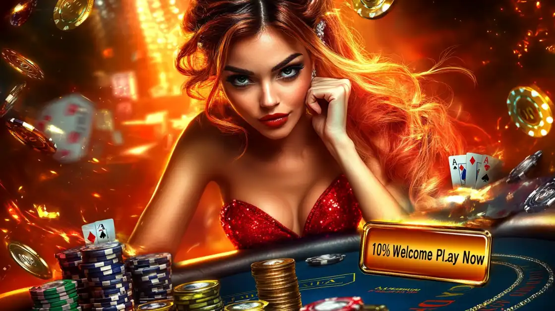 Gorgeous woman in red dress leaning on poker table with chips, cards, and floating gold coins around her.