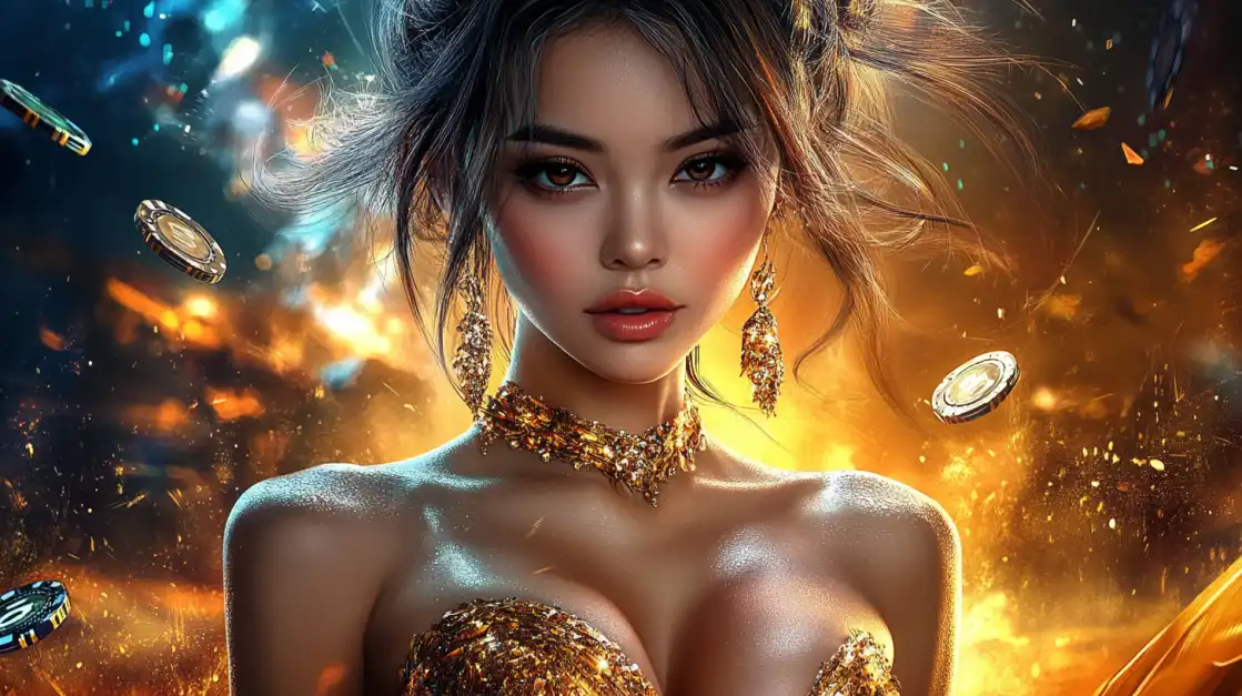 Stunning woman in gold dress and jewelry surrounded by glowing casino chips in a fiery glamorous setting.