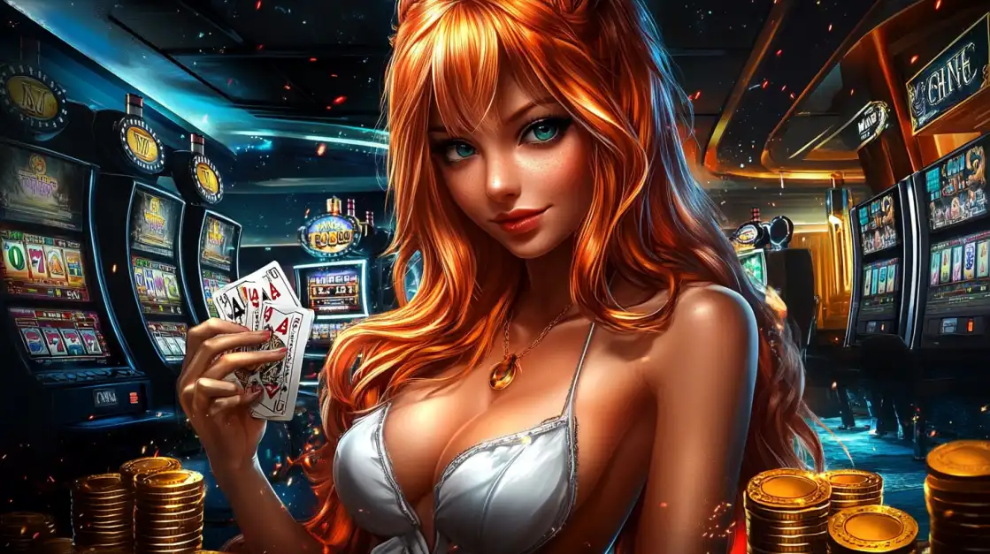 Red-haired woman in silver dress holding poker cards with slot machines and gold coins in vibrant casino background.