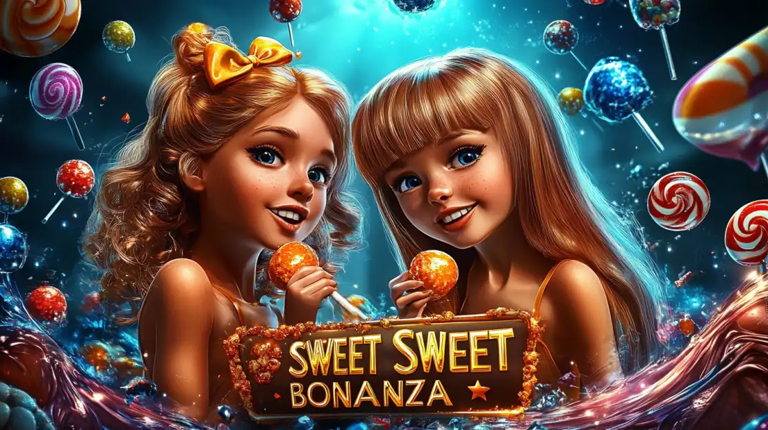 Two animated girls holding lollipops in a candy-filled fantasy world promoting Sweet Bonanza-themed slot game.