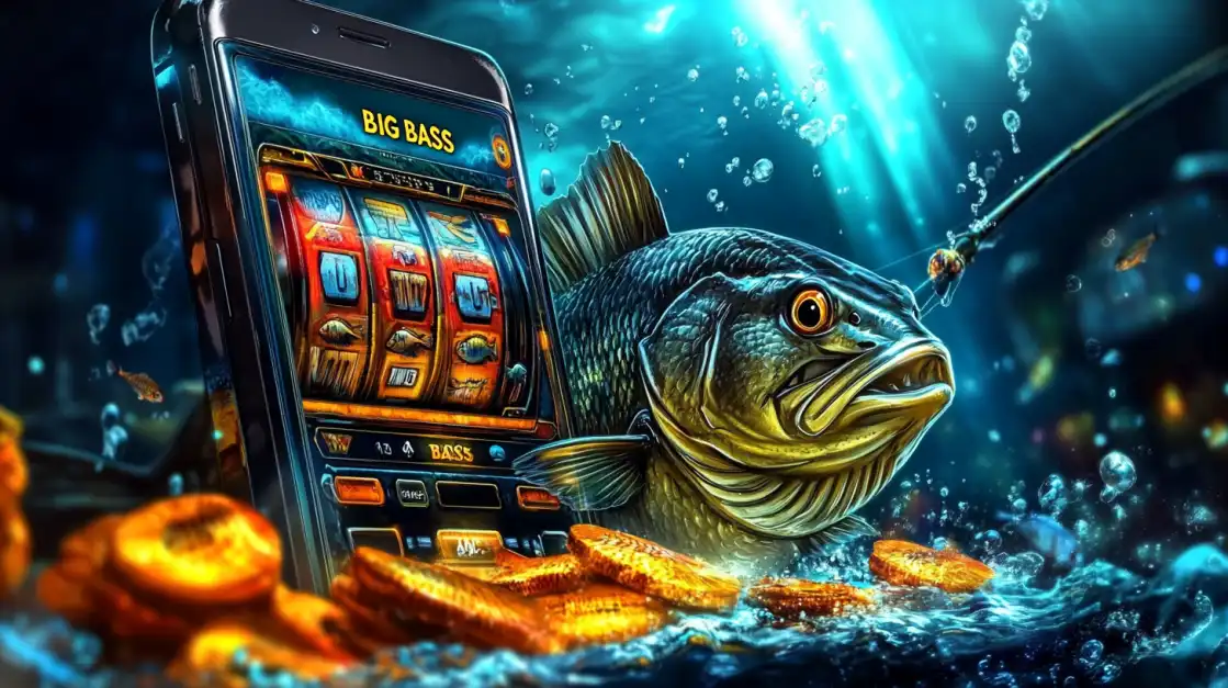 Giant bass fish next to a mobile slot machine with fishing symbols and floating coins in an underwater world.