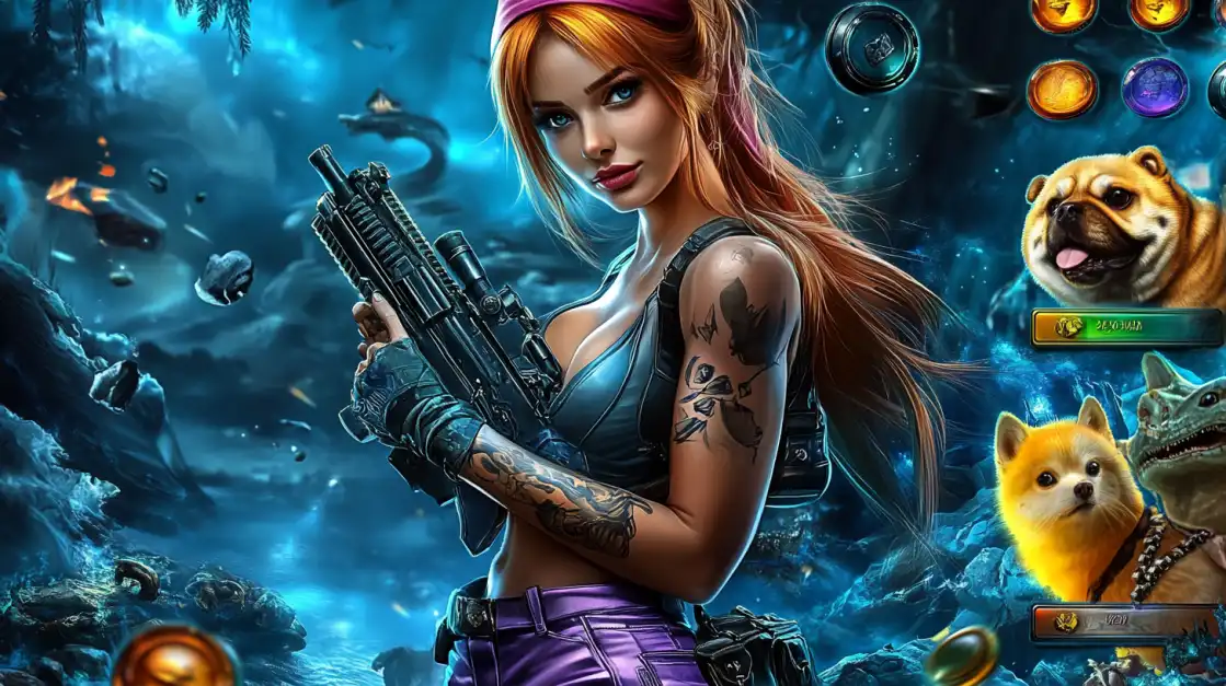 Tattooed cyber girl holding a sci-fi rifle with cartoon dogs and neon game icons in a digital battlefield.