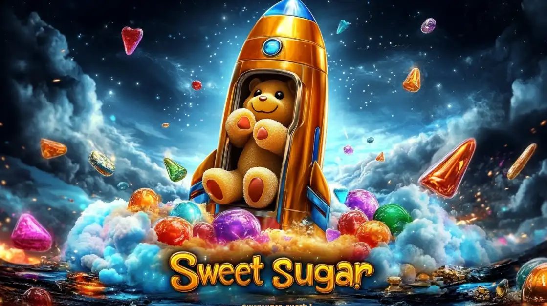 Adorable gummy bear launching in a golden rocket surrounded by colorful candies and clouds in a magical sky.
