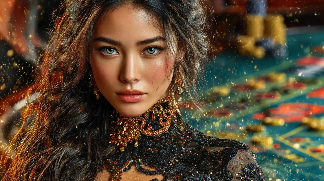 Elegant woman in black dress with sparkles standing in front of roulette table and flying gold dust.