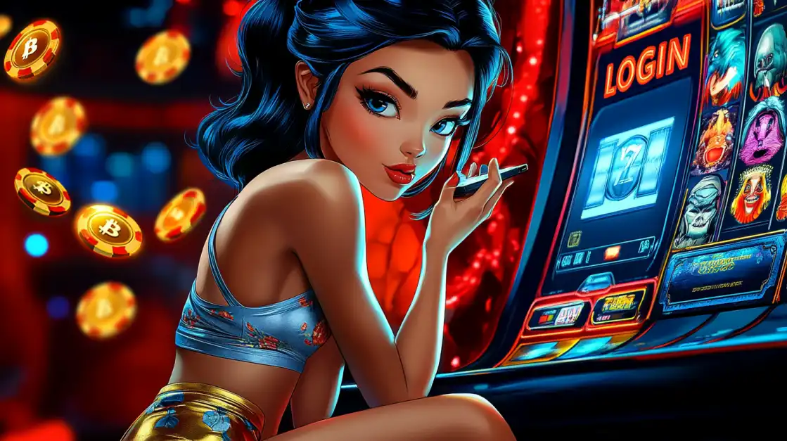 Stylish animated girl in crop top sitting beside slot machine with login screen and floating Bitcoin-themed chips.