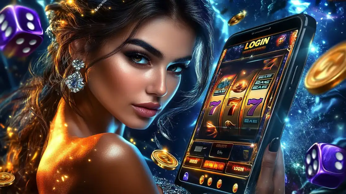 Elegant woman with diamond earrings holding mobile slot game login screen with vivid casino and dice background.