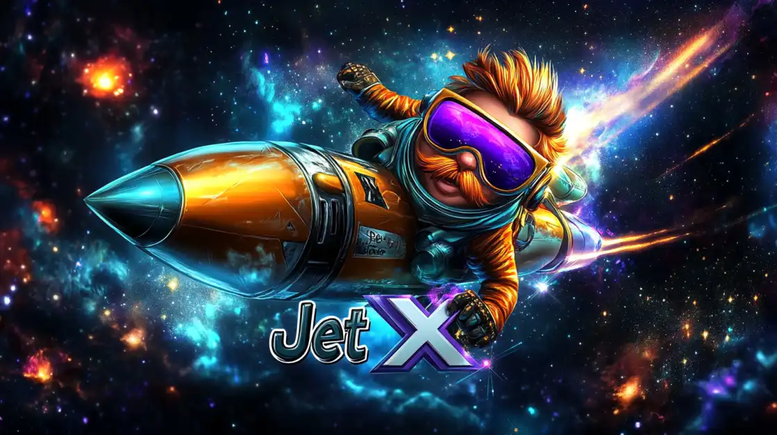 Cartoon pilot flying a rocket through glowing galaxies with vibrant neon trails and the JetX game logo.