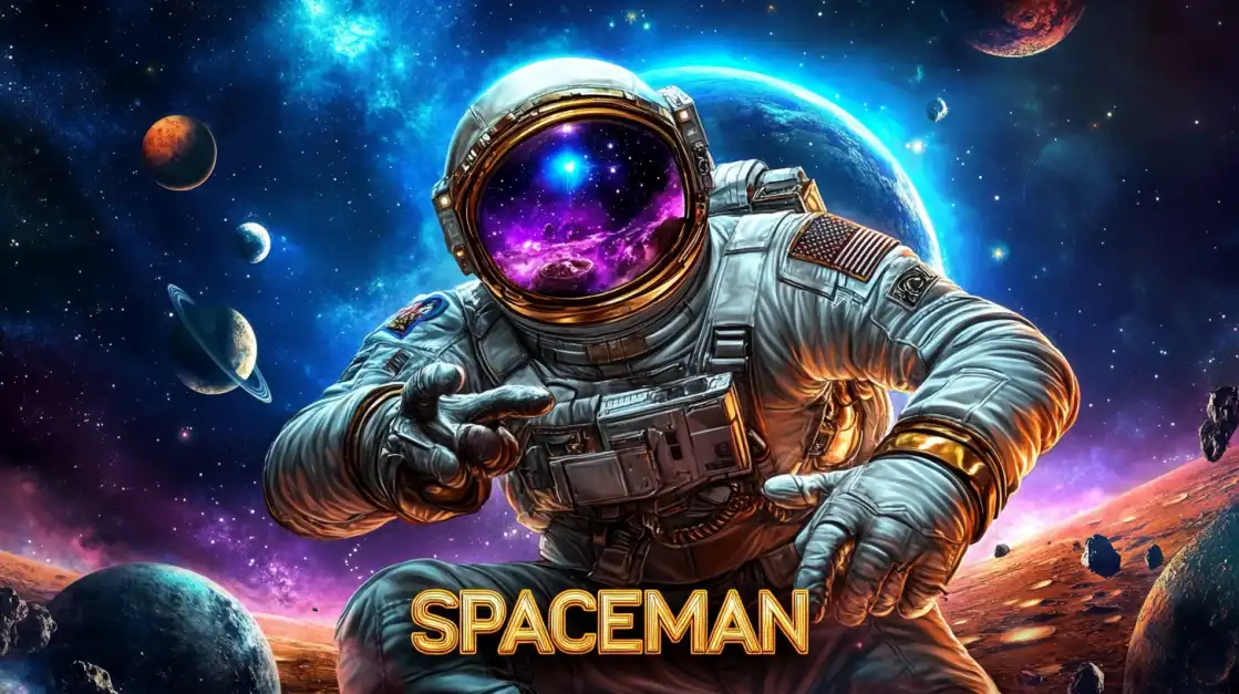Heroic astronaut floating in space with galaxies reflected in helmet and planets orbiting in the background.